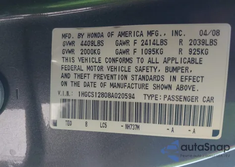 2008 Honda Accord 2.4 Ex-L z USA, uszkodzony, nr VIN 1HGCS12808A020594